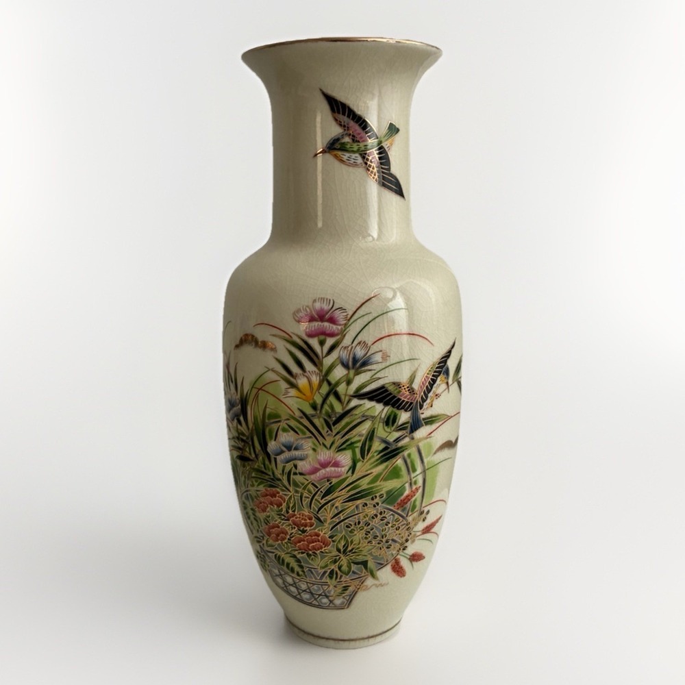 VTG 12" Granny Core Japanese Floral Pheasant Bird Flower Crazing Vase Japan